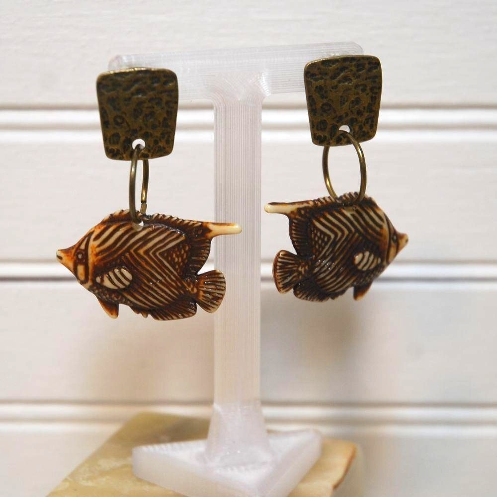 Norma Jean fish earrings Dangle‎ copper-tone Large Vintage tropical jewelry